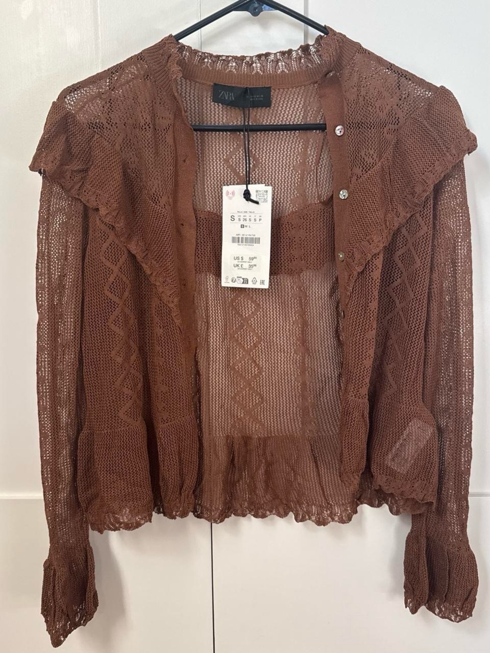 ZARA Chocolate Brown Sheer Lace-Trim Button Cardigan